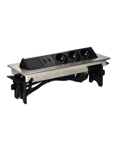 Gniazdo meblowe wpuszczane w blat w niklowanej obudowie z ładowarką USB i przewodem 1,8m, 3x2P+Z (Schuko), 2xUSB