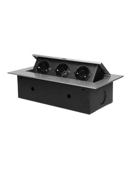 Gniazdo meblowe wpuszczane w blat z płaskim rantem, 3x2P+Z (Schuko), srebrne