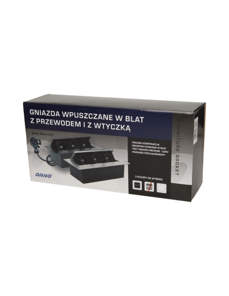 Gniazdo meblowe wpuszczane w blat z płaskim rantem 3x2P+Z, przewód 1,5m 3x1,5mm², srebrne