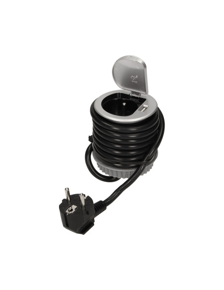 Gniazdo meblowe Ø6cm wpuszczane w blat z pokrywką, ładowarką USB i przewodem 1,8m, 1x2P+Z, 1xUSB