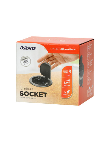  Gniazdo meblowe Ø6cm wpuszczane w blat z pokrywką, ładowarką USB i przewodem 1,8m, 1x2P+Z, 1xUSB, czarne, wersja...