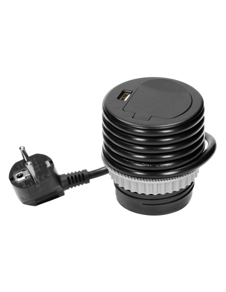  Gniazdo meblowe Ø6cm wpuszczane w blat z pokrywką, ładowarką USB i przewodem 1,8m, 1x2P+Z, 1xUSB, czarne, wersja...