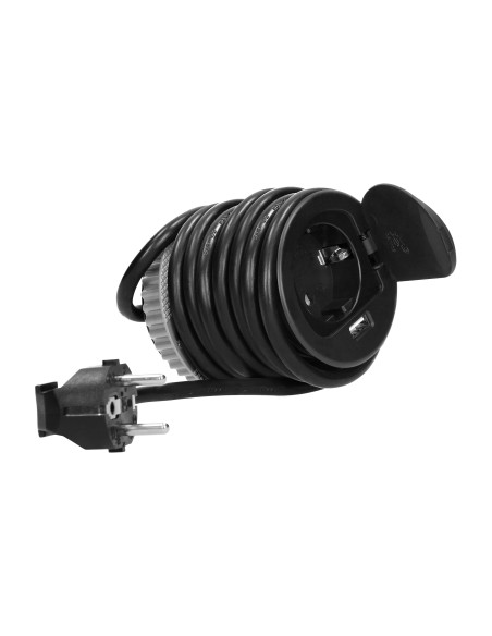  Gniazdo meblowe Ø6cm wpuszczane w blat z pokrywką, ładowarką USB i przewodem 1,8m, 1x2P+Z, 1xUSB, czarne, wersja...