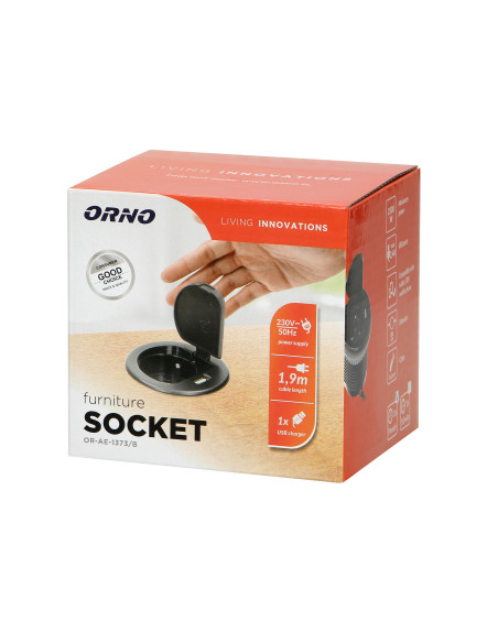 Gniazdo meblowe Ø6cm wpuszczane w blat z pokrywką, ładowarką USB i przewodem 1,8m, 1x2P+Z, 1xUSB, czarne