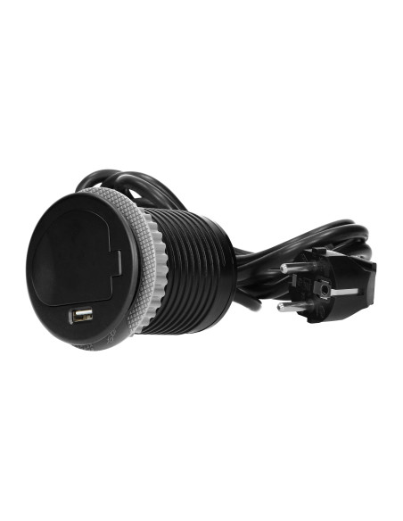 Gniazdo meblowe Ø6cm wpuszczane w blat z pokrywką, ładowarką USB i przewodem 1,8m, 1x2P+Z, 1xUSB, czarne