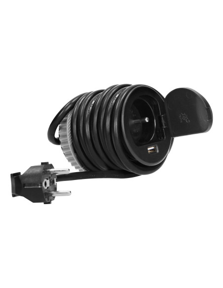 Gniazdo meblowe Ø6cm wpuszczane w blat z pokrywką, ładowarką USB i przewodem 1,8m, 1x2P+Z, 1xUSB, czarne