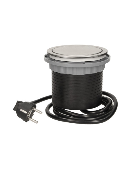 Gniazdo meblowe Ø10cm wysuwane z blatu z przewodem 1,5m, 4x2P+Z, INOX