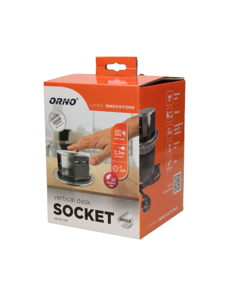 Gniazdo meblowe Ø10cm wysuwane z blatu z ładowarką USB i przewodem 1,5m, 3x2P+Z, 2xUSB, INOX