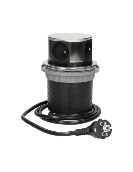 Gniazdo meblowe Ø10cm wysuwane z blatu z ładowarką USB i przewodem 1,5m, 3x2P+Z, 2xUSB, INOX