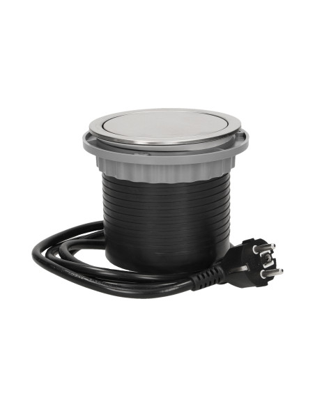 Gniazdo meblowe Ø10cm wysuwane z blatu z ładowarką USB i przewodem 1,5m, 3x2P+Z, 2xUSB, INOX